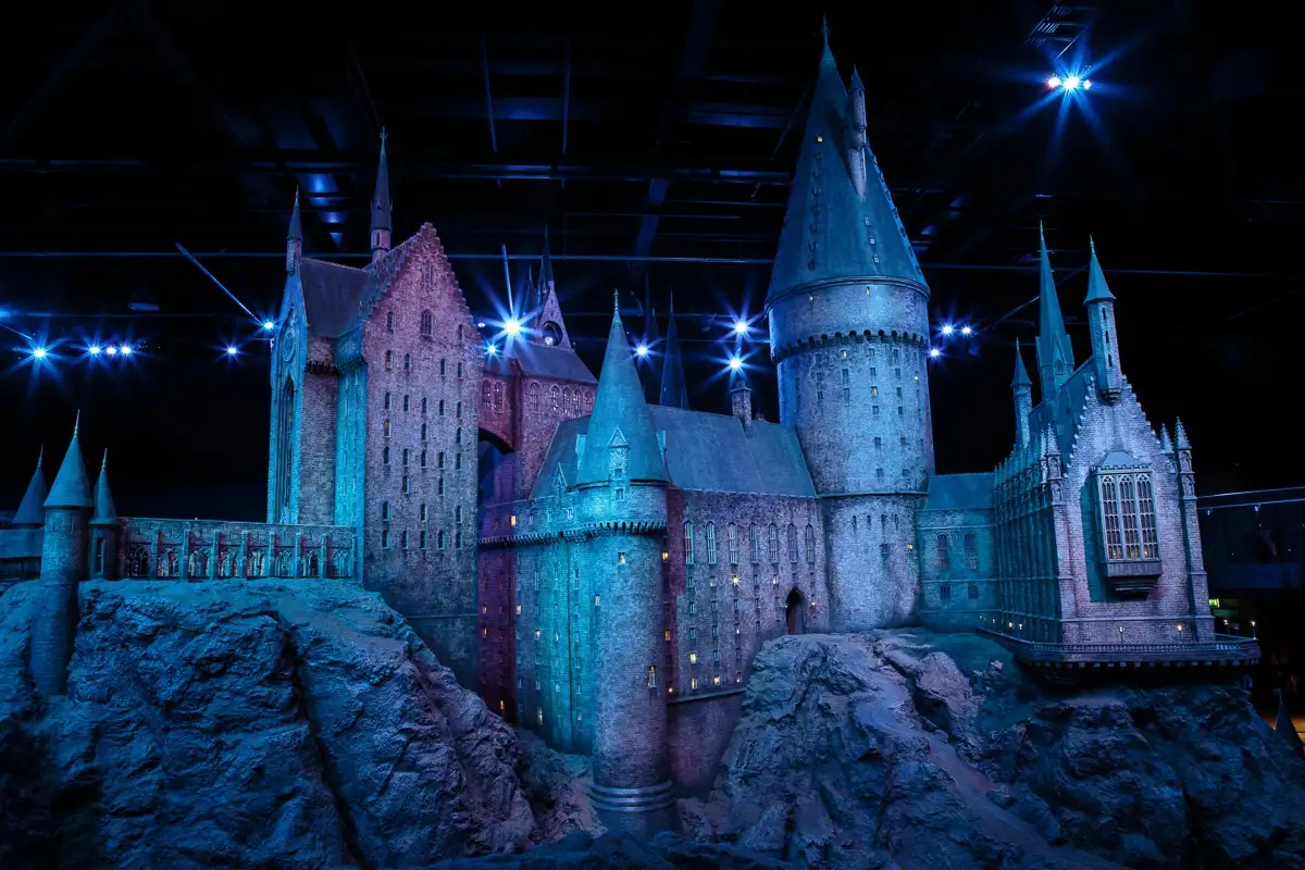 Hogwarts castle scale model dramatically lit at the Studio Tour