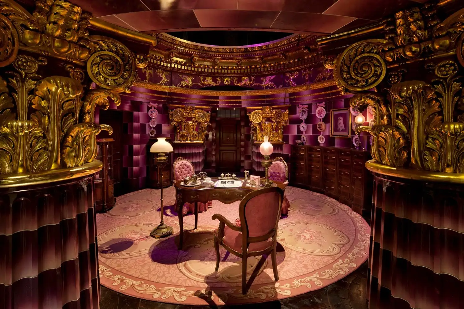 Umbridge's pink office set with ornate gold decor at the Studio Tour