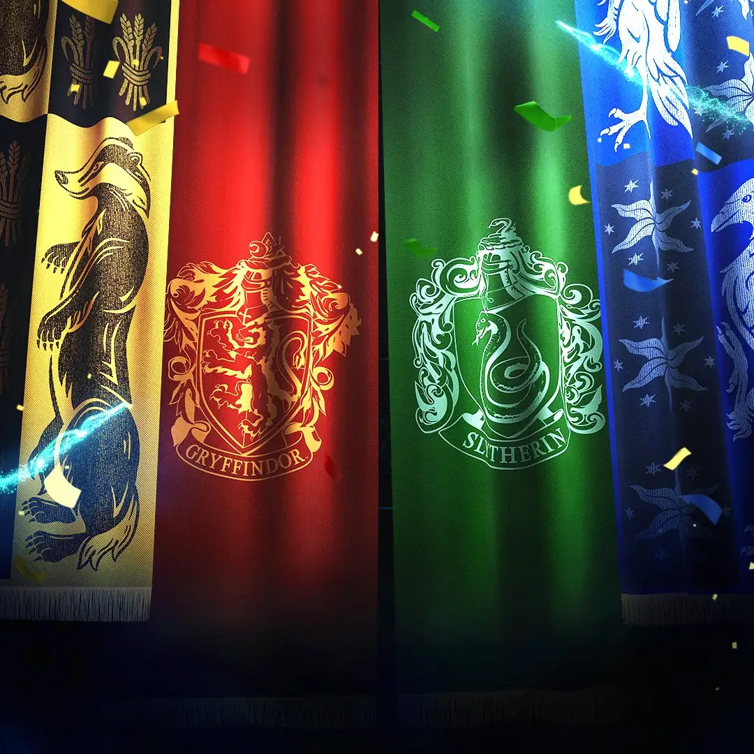 Mobile hero image displaying all four Hogwarts house flags
